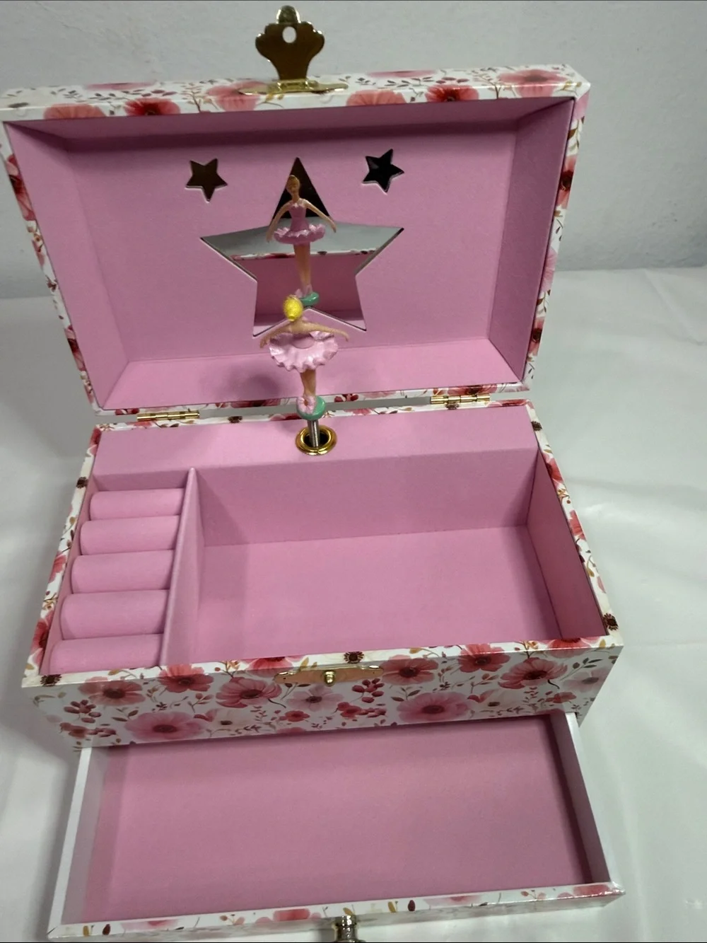 Pink Floral Musical Jewelry Box with Ballerina